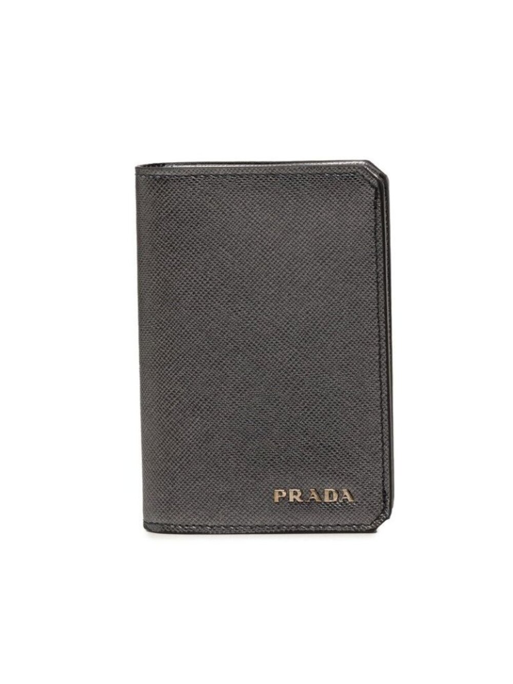 Prada Logo Card Case Business Silver Saffiano Leather